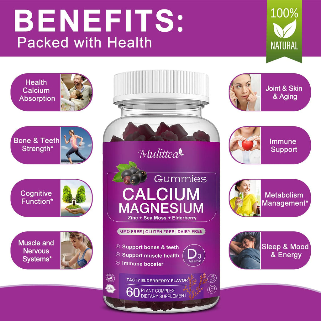 Calcium Magnesium Zinc Gummies with 200mg Magnesium Glycinate – Potassium, D3 & Sea Moss