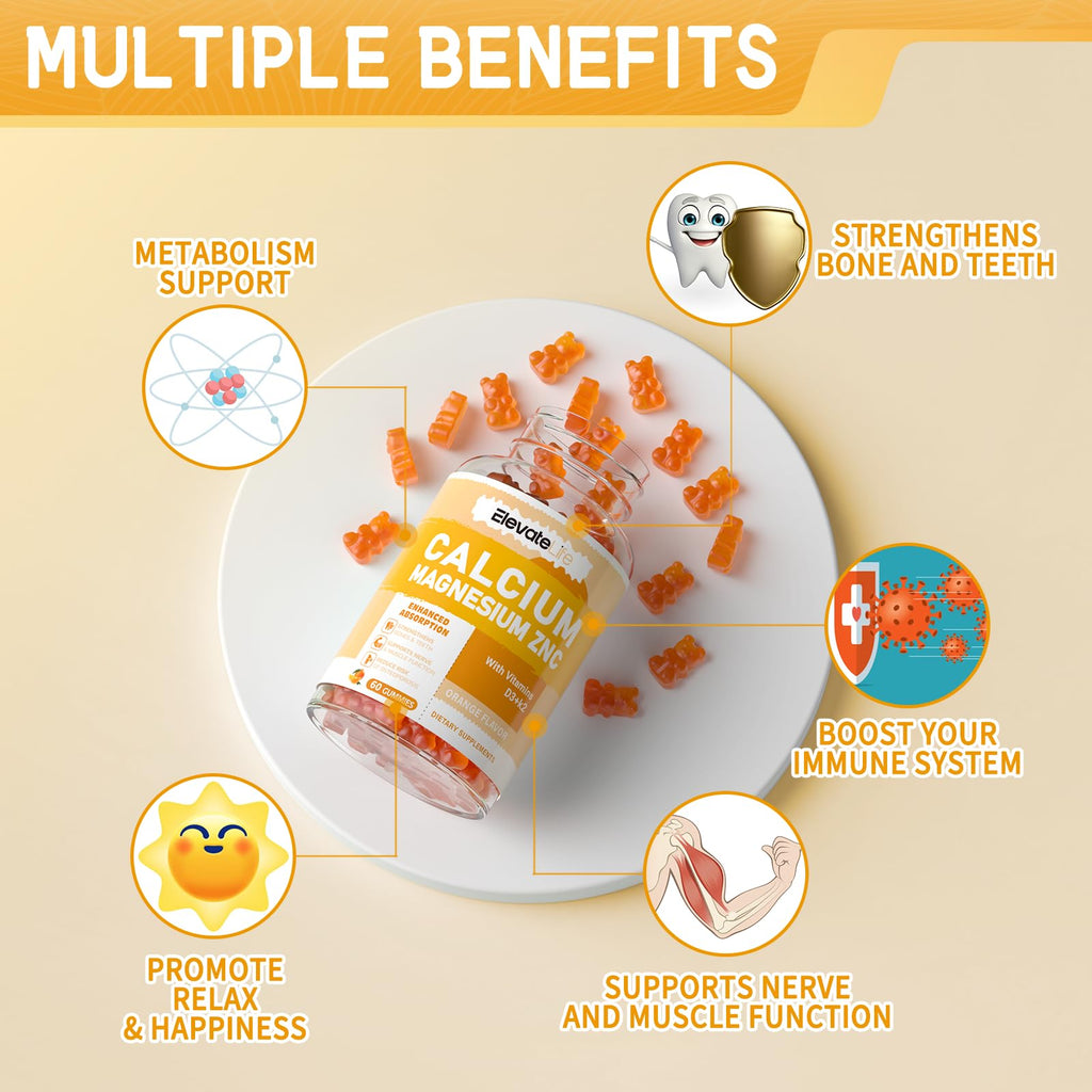 Calcium Magnesium Zinc Gummies with Vitamin D3 & K2 - High Potency, Orange-60 Count