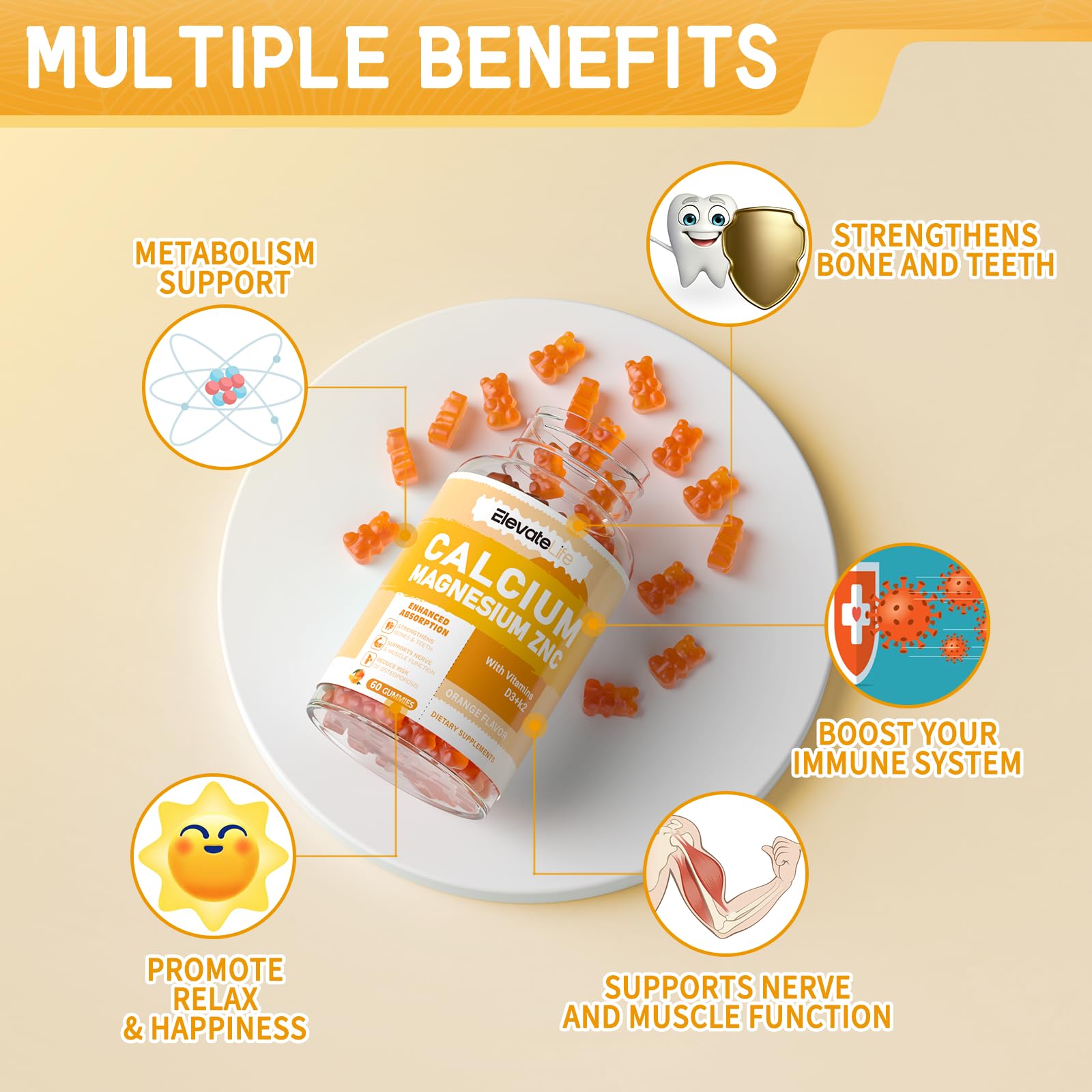 Calcium Magnesium Zinc Gummies with Vitamin D3 & K2 - High Potency, Orange-60 Count
