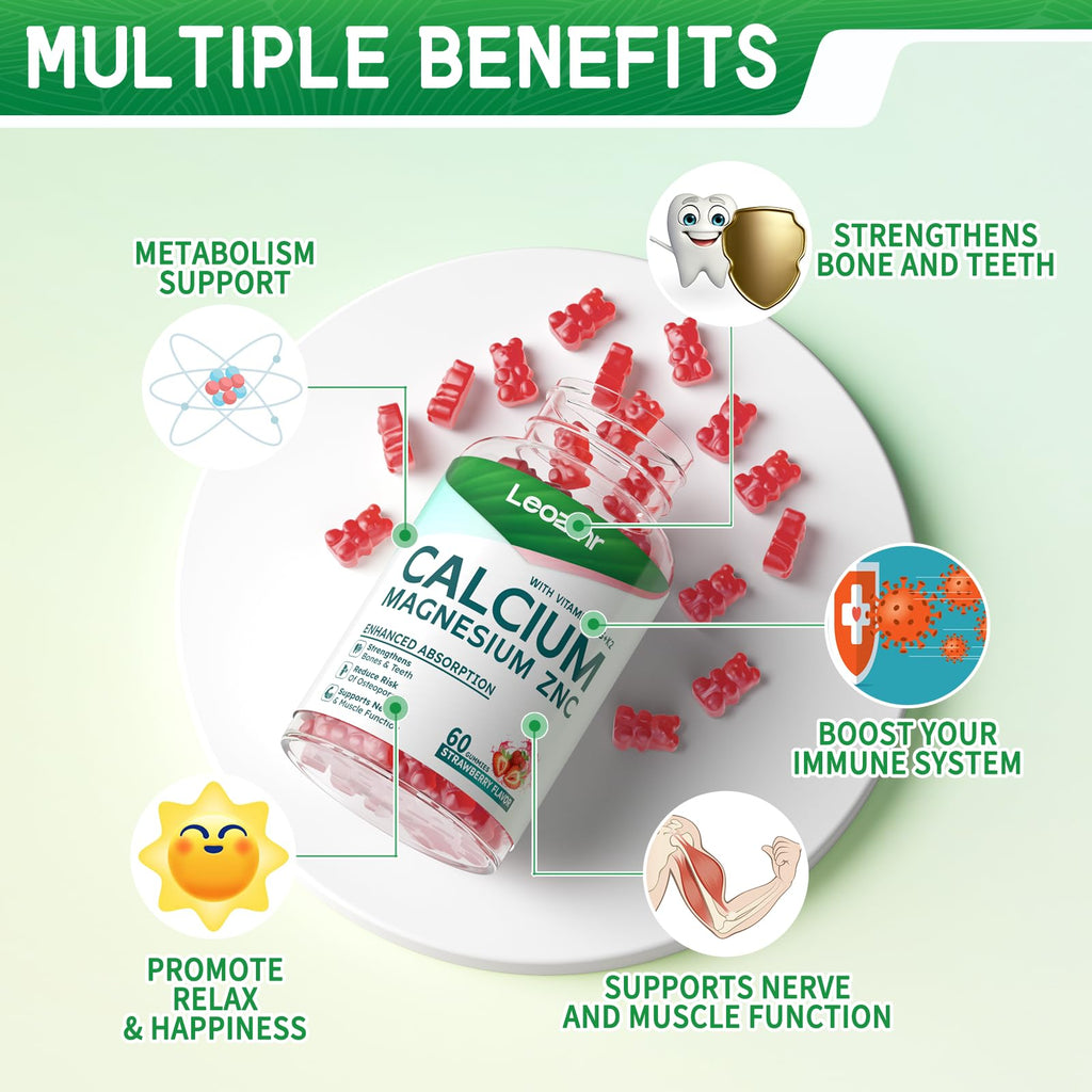 Calcium Magnesium Zinc Gummies with Vitamin D3 & K2 - High Potency, Enhanced Absorption - 120 Strawberry Gummies