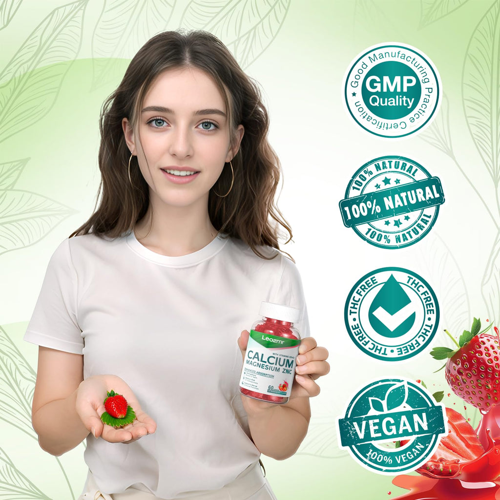 Calcium Magnesium Zinc Gummies with Vitamin D3 & K2 - High Potency, Enhanced Absorption - 120 Strawberry Gummies