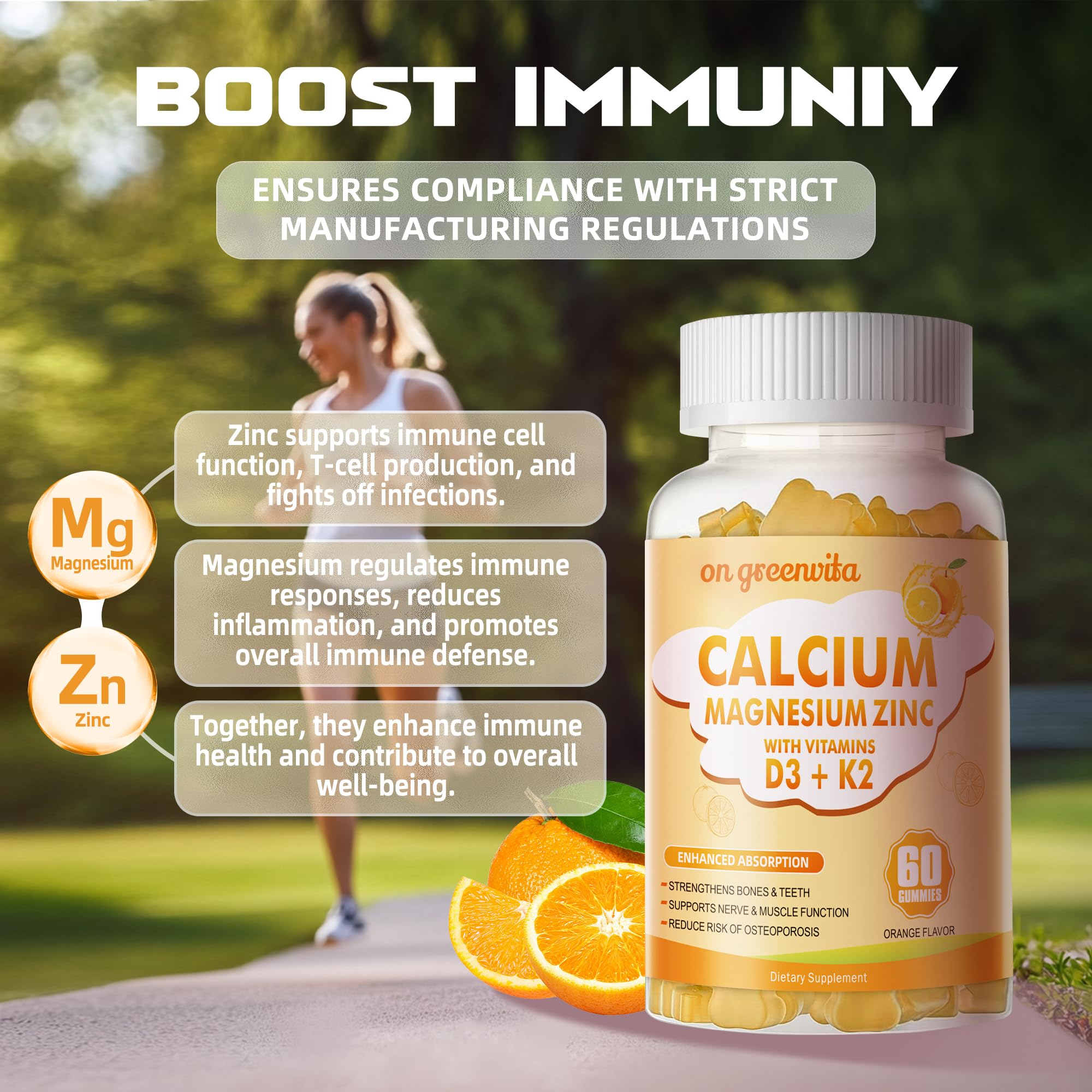 Calcium Magnesium Zinc Gummies with Vitamin D3 & K2 - High Potency, 60 Orange Gummies
