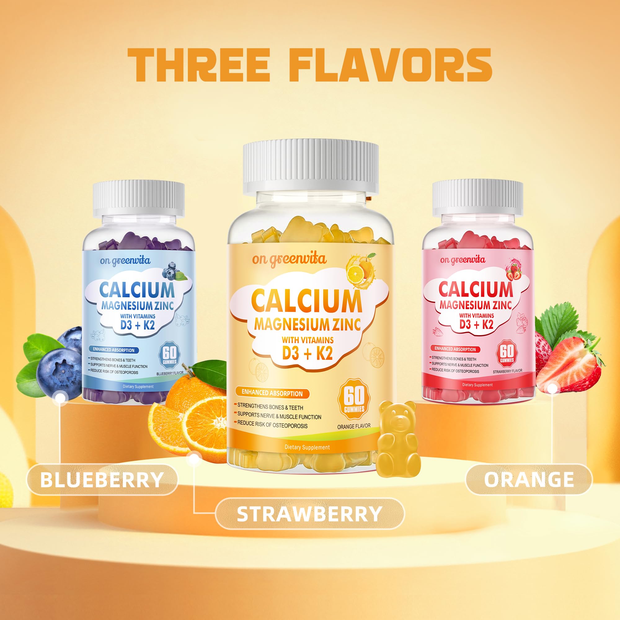 Calcium Magnesium Zinc Gummies with Vitamin D3 & K2 - High Potency, Enhanced Absorption - 120 Orange Gummies