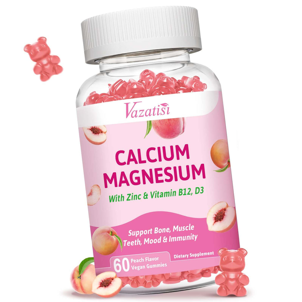 Vazatisi Calcium Magnesium Zinc Gummies with Vitamin D3 & B12 – Peach Flavor, 60 Count
