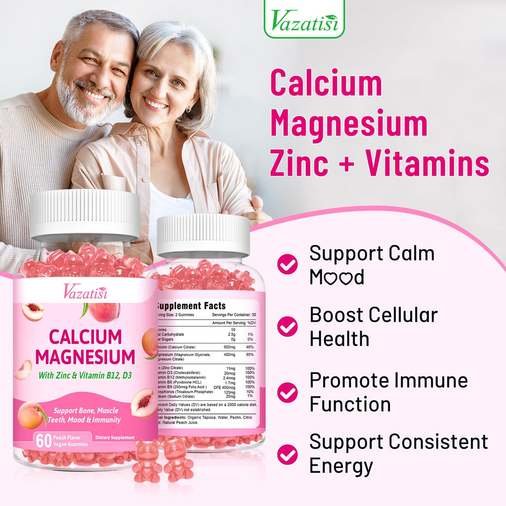 Vazatisi Calcium Magnesium Zinc Gummies with Vitamin D3 & B12 – Peach Flavor, 60 Count