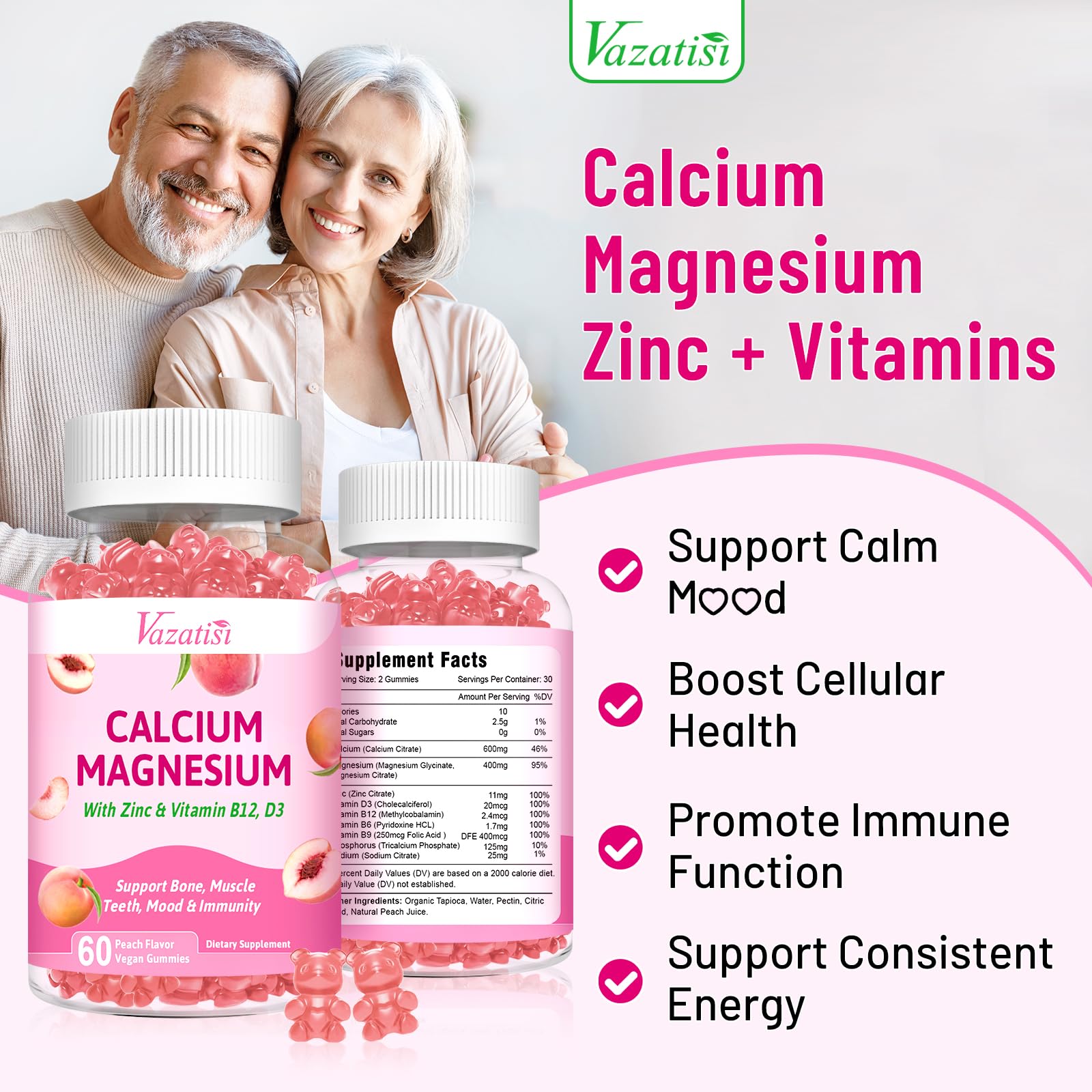 Vazatisi Calcium Magnesium Zinc Gummies with Vitamin D3 & B12 – Peach Flavor, 60 Count