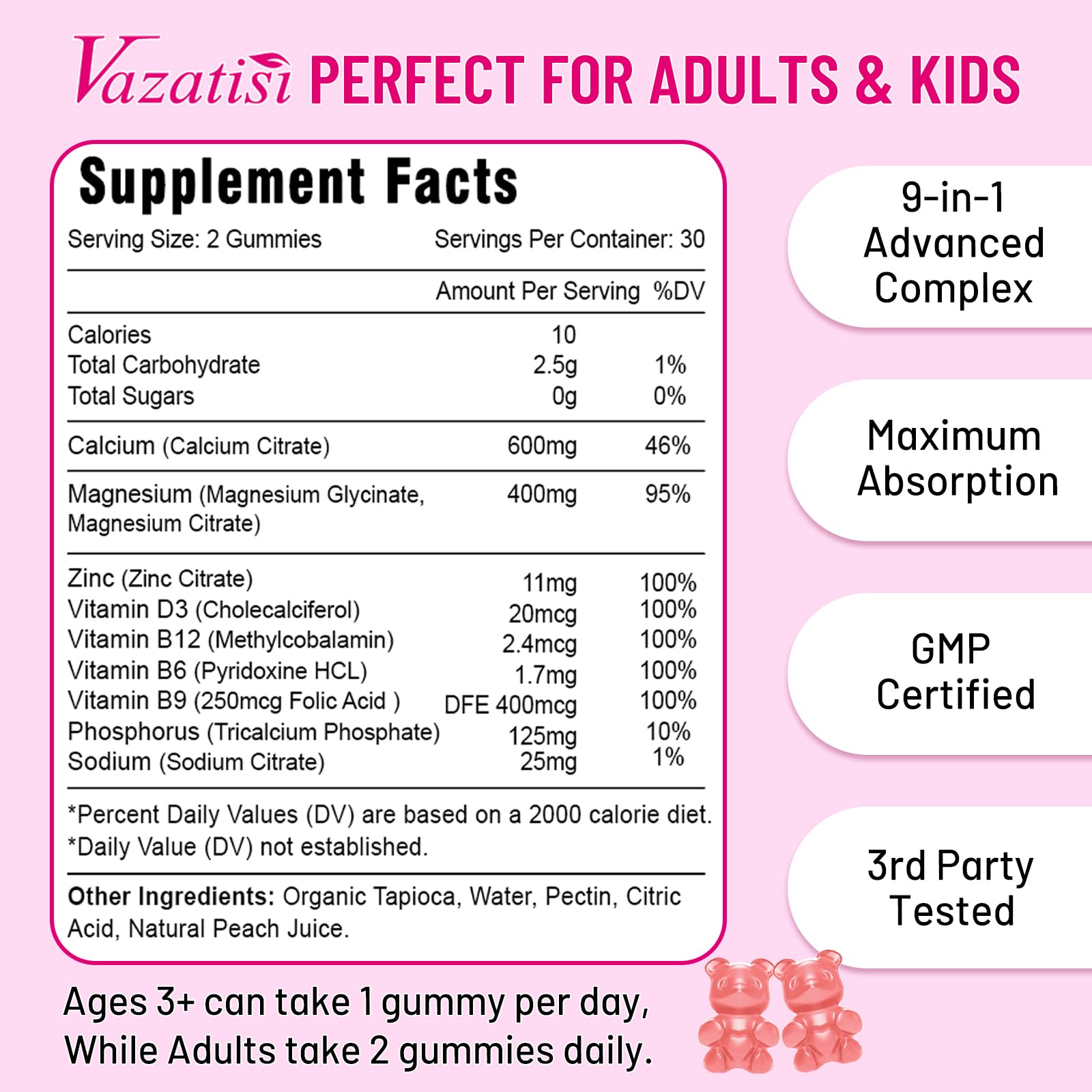 Vazatisi Calcium Magnesium Zinc Gummies with Vitamin D3 & B12 – Peach Flavor, 60 Count