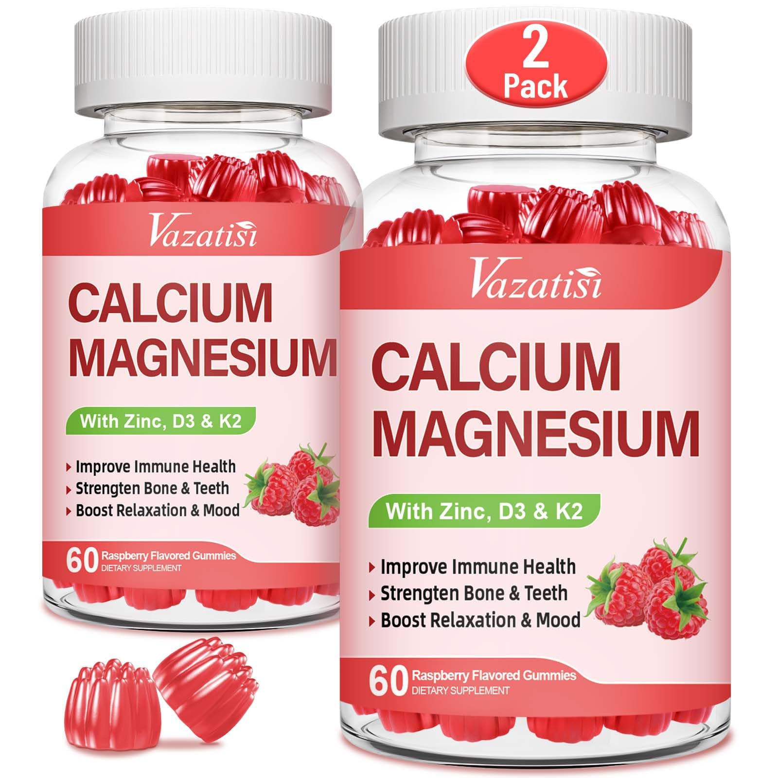 Calcium Magnesium Zinc Gummies with Vitamin D3 & K2 – Raspberry, 120 Gummies