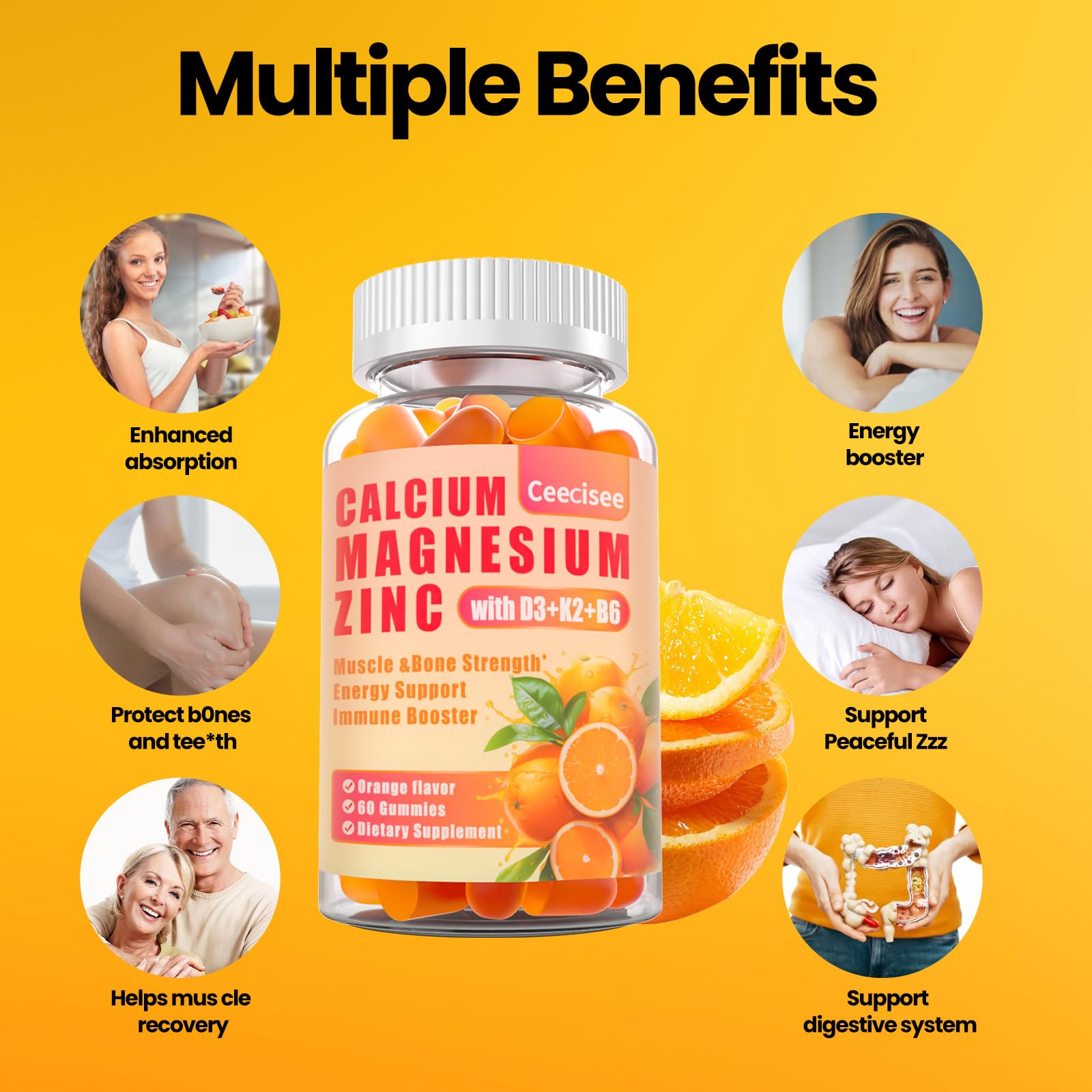 Calcium Magnesium Zinc Gummies with D3, B6 & K2 – 1000mg Calcium, 300mg Magnesium, Sugar Free (120 Count)