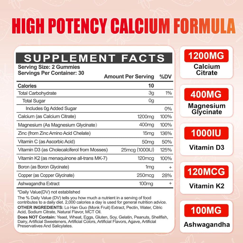 Calcium Magnesium Zinc Gummies with Vitamin D3 – 1200mg Calcium Citrate for Adults