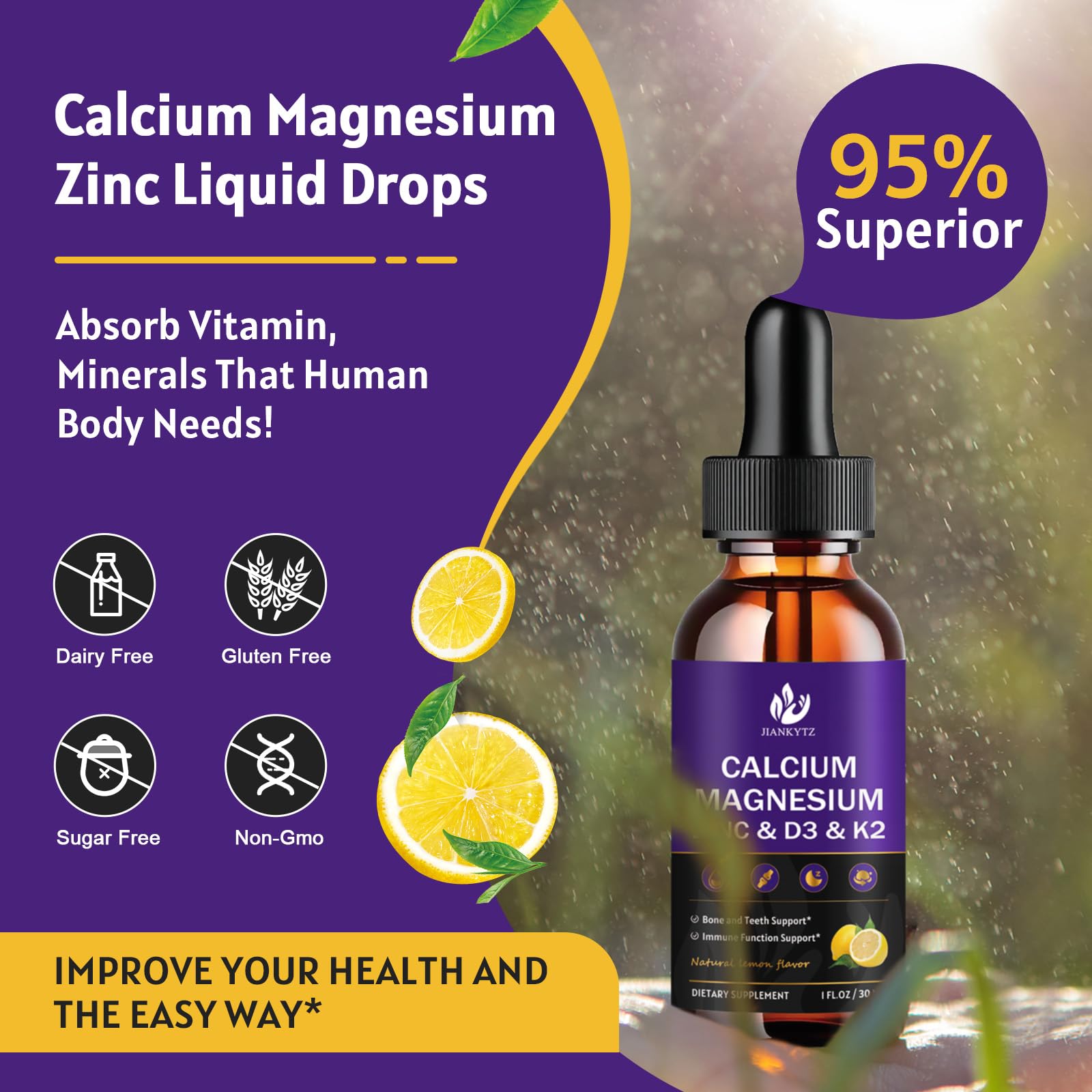(2 Pack) Calcium Magnesium Zinc Liquid Drops - Lemon Flavor, Sugar Free