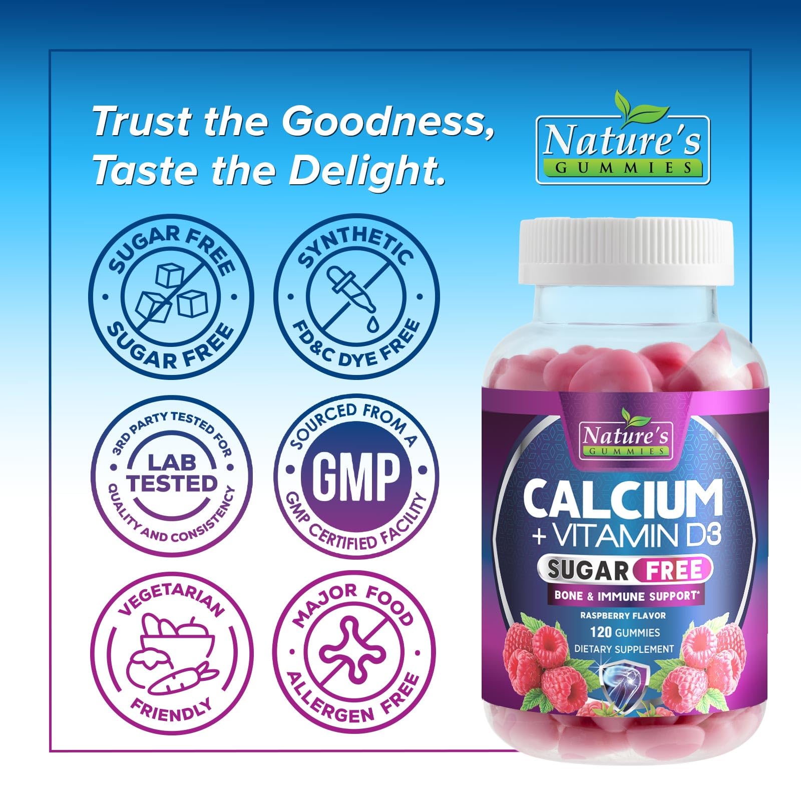 Calcium Gummies with Vitamin D3 (400 IU) - Sugar Free, 120 Count | Supports Immune Health & Bones