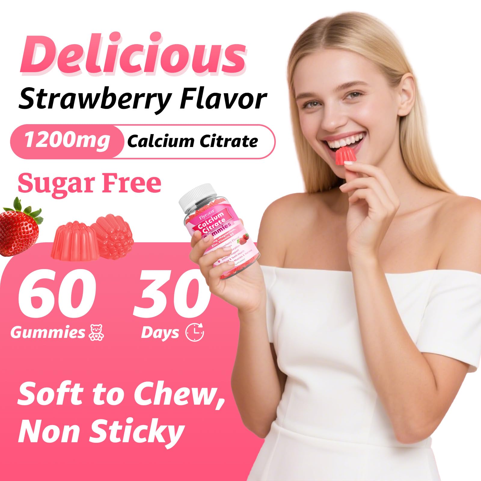 1200mg Calcium Citrate Gummies – Sugar-Free Strawberry | Bone, Teeth & Muscle Support (60 Count)