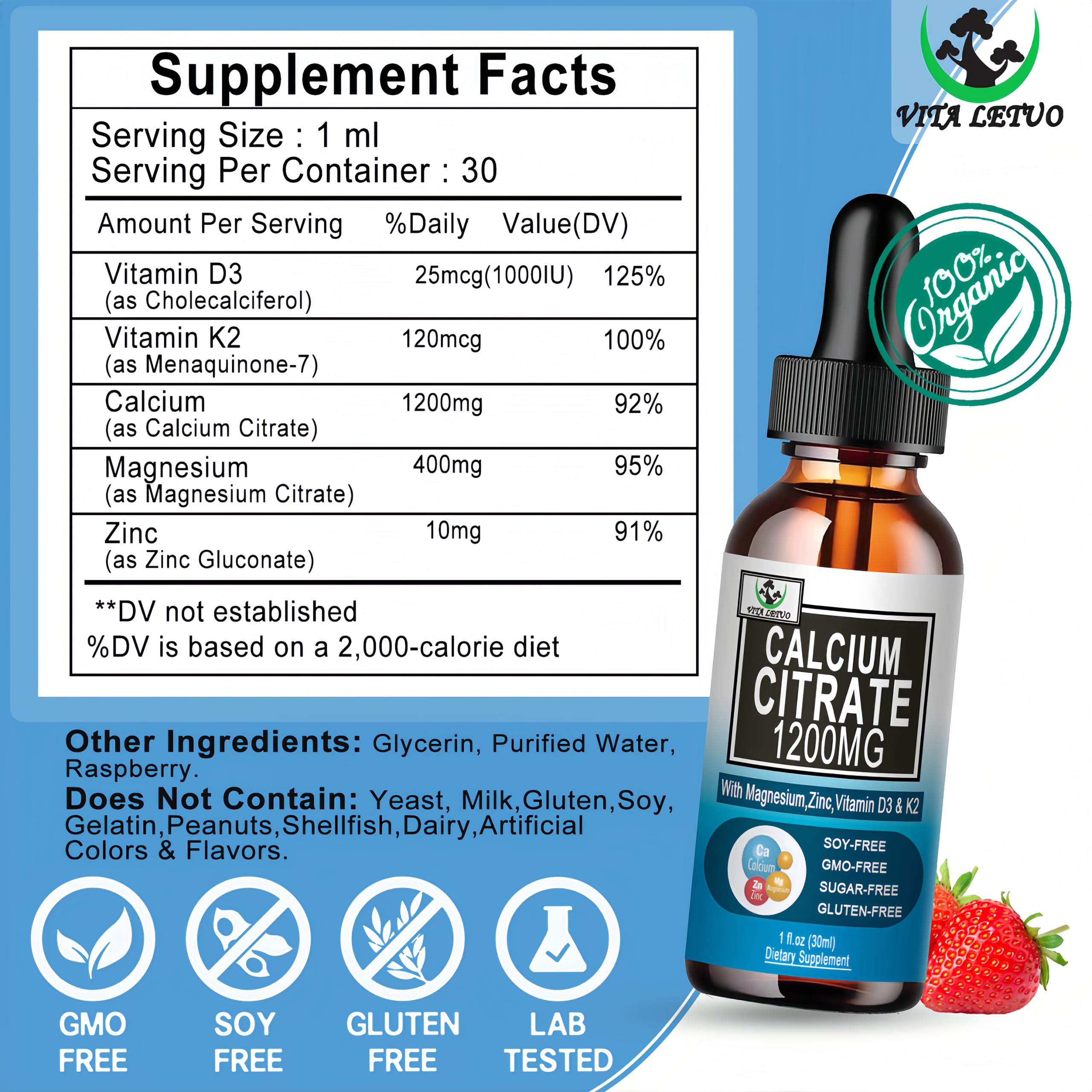 2 Pack Liquid Calcium Drops 1200 mg with Vitamin D3 – Vegan, High Absorption