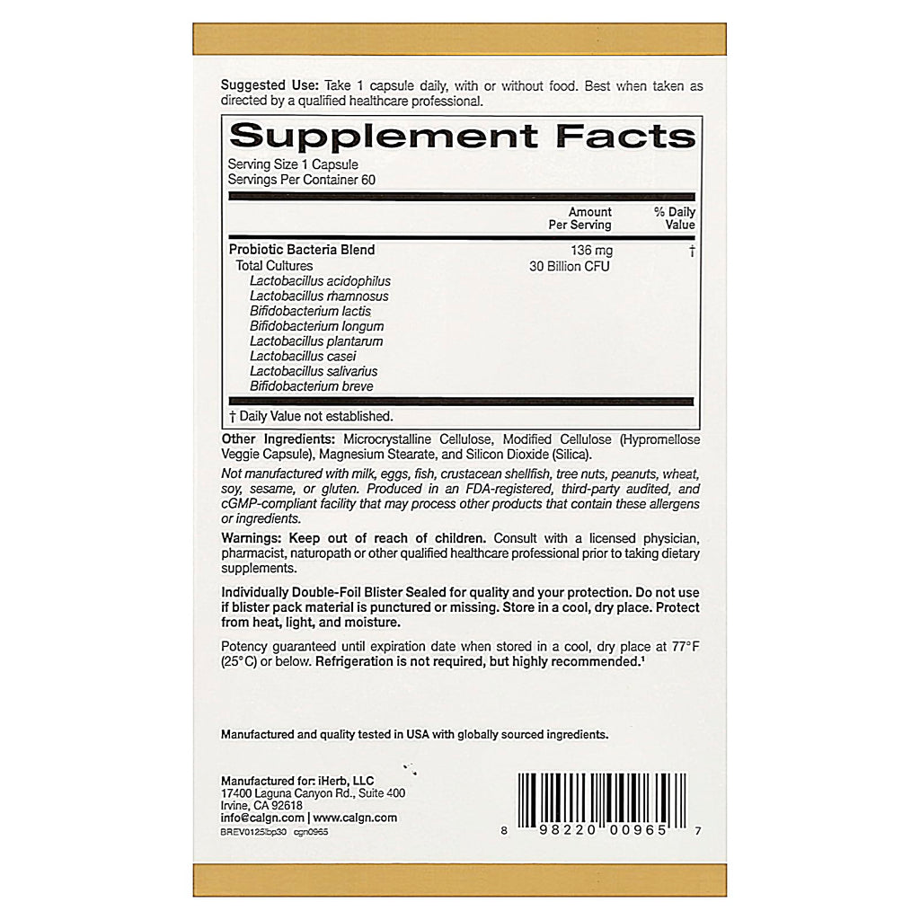 California Gold Nutrition LactoBif® 30 Probiotics – 30 Billion CFU, 60 Veggie Capsules | FloraFIT Probiotics by Danisco