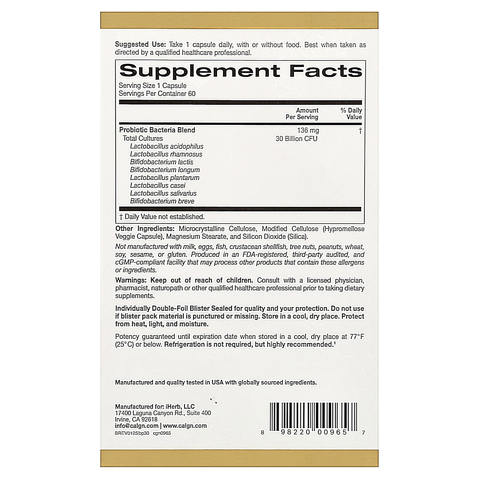 California Gold Nutrition LactoBif® 30 Probiotics – 30 Billion CFU, 60 Veggie Capsules | FloraFIT Probiotics by Danisco