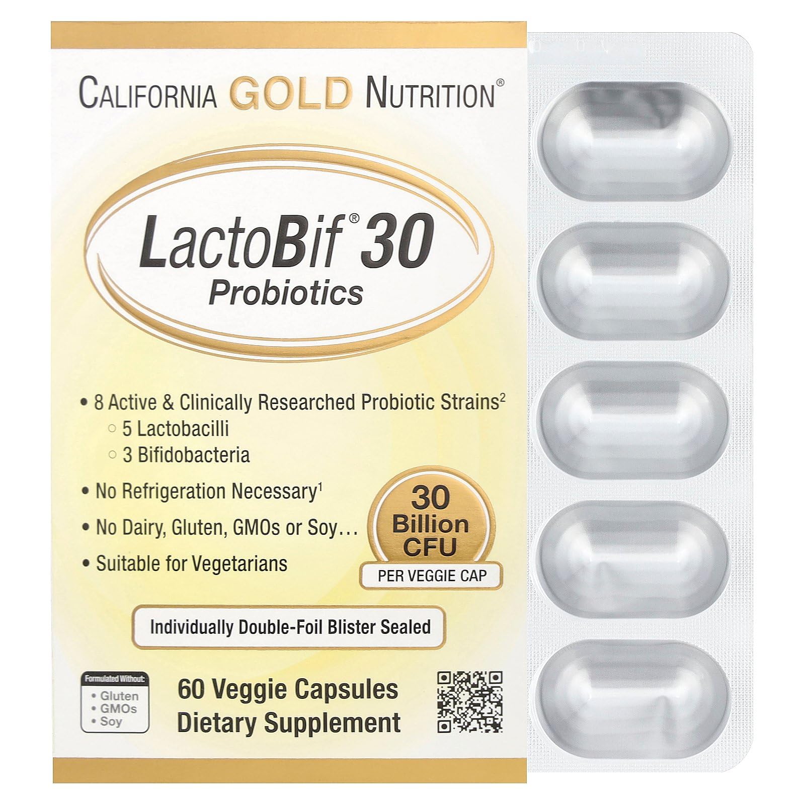 California Gold Nutrition LactoBif® 30 Probiotics – 30 Billion CFU, 60 Veggie Capsules | FloraFIT Probiotics by Danisco