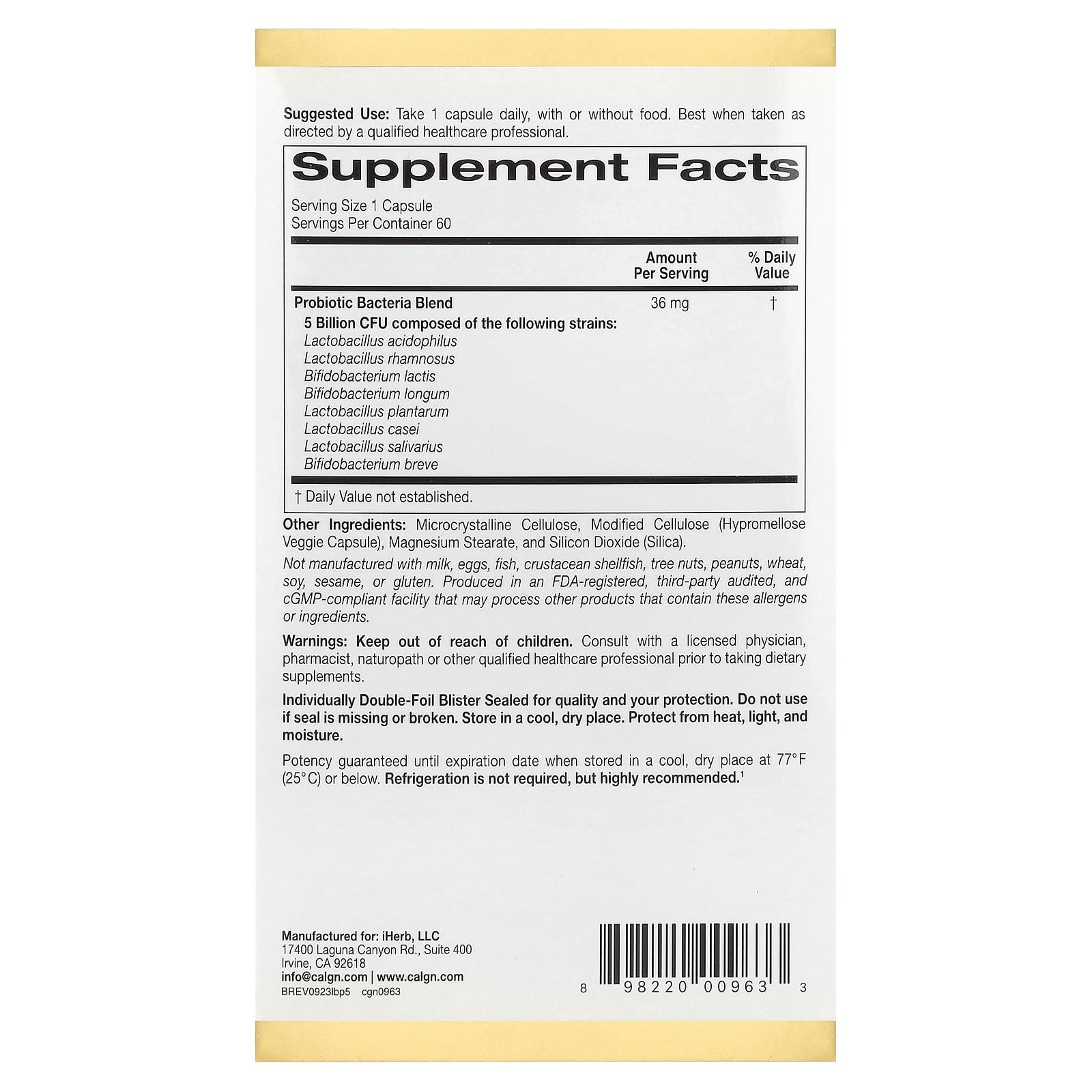 California Gold Nutrition LactoBif® 5 Probiotics – 5 Billion CFU, 60 Veggie Capsules