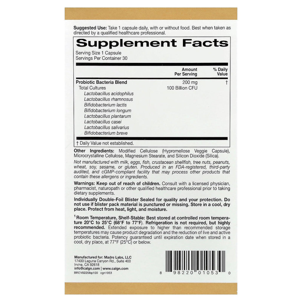 California Gold Nutrition LactoBif Probiotics – 100B CFU, 8 Strains, Sugar-Free, Vegetarian, 30 Capsules