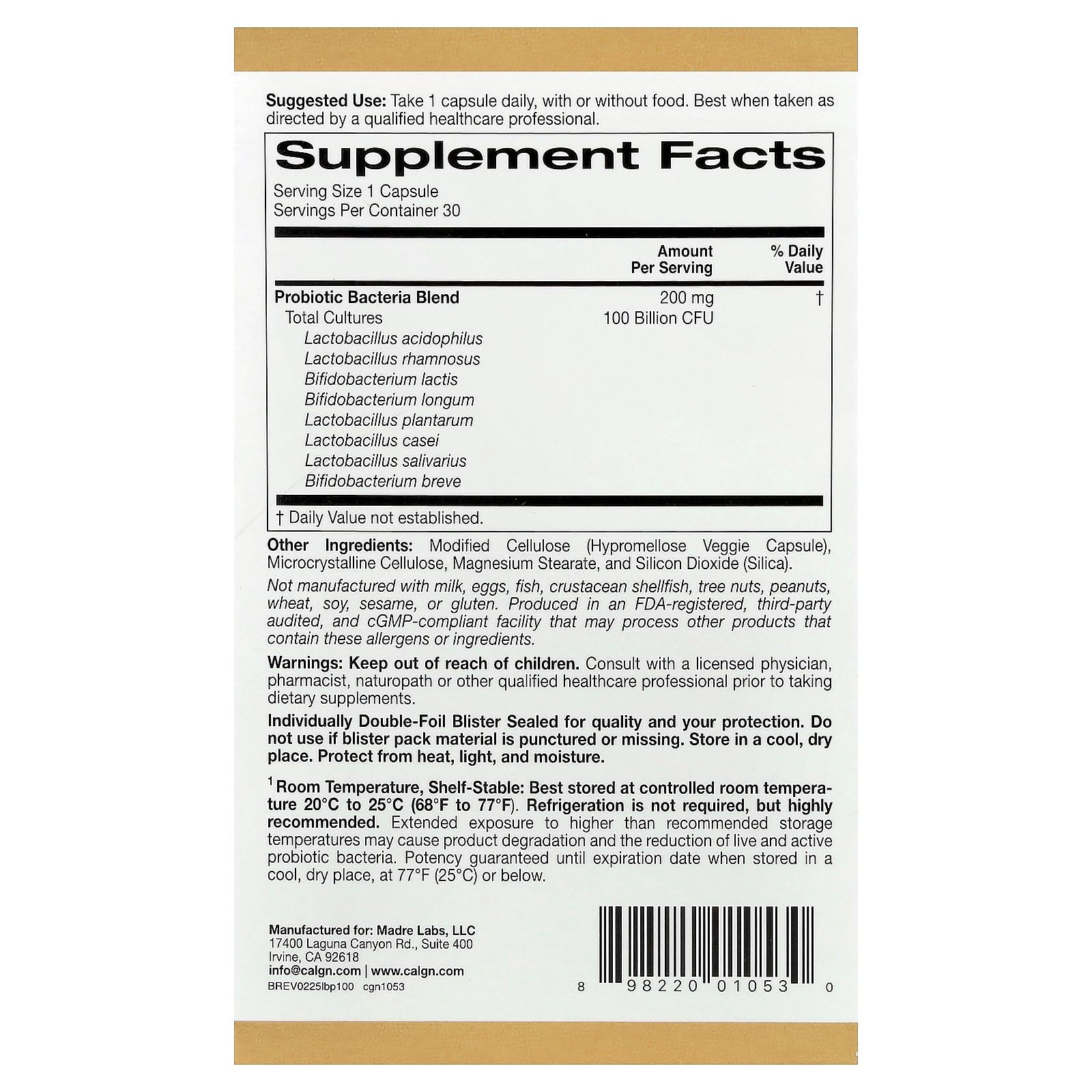 California Gold Nutrition LactoBif Probiotics – 100B CFU, 8 Strains, Sugar-Free, Vegetarian, 30 Capsules