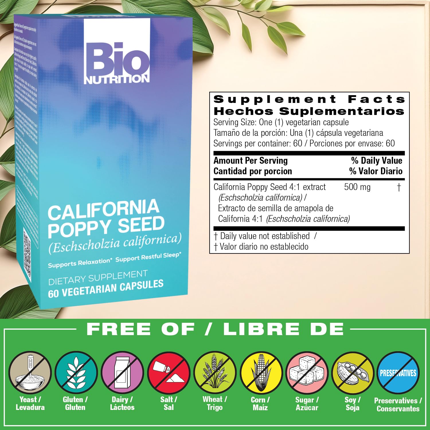 Bio Nutrition California Poppy: 60 Vegetarian Capsules for Relaxation