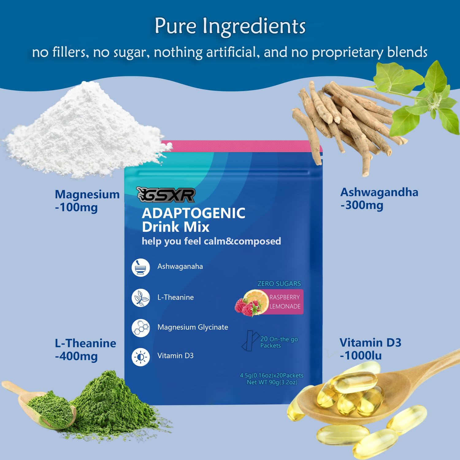 Adaptogenic Powder Drink Mix – Raspberry Lemonade, Calm Magnesium Glycinate with Ashwagandha & Vitamin D3, 3.2 oz, 20 Servings, No Sugar, Non-GMO