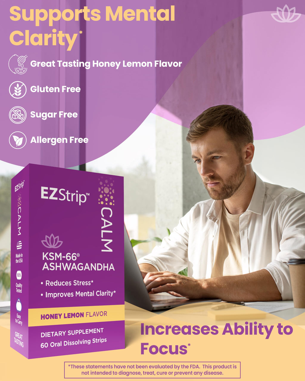 Calm KSM-66 Ashwagandha Strips | Stress & Focus | Honey Lemon | 60 Pack