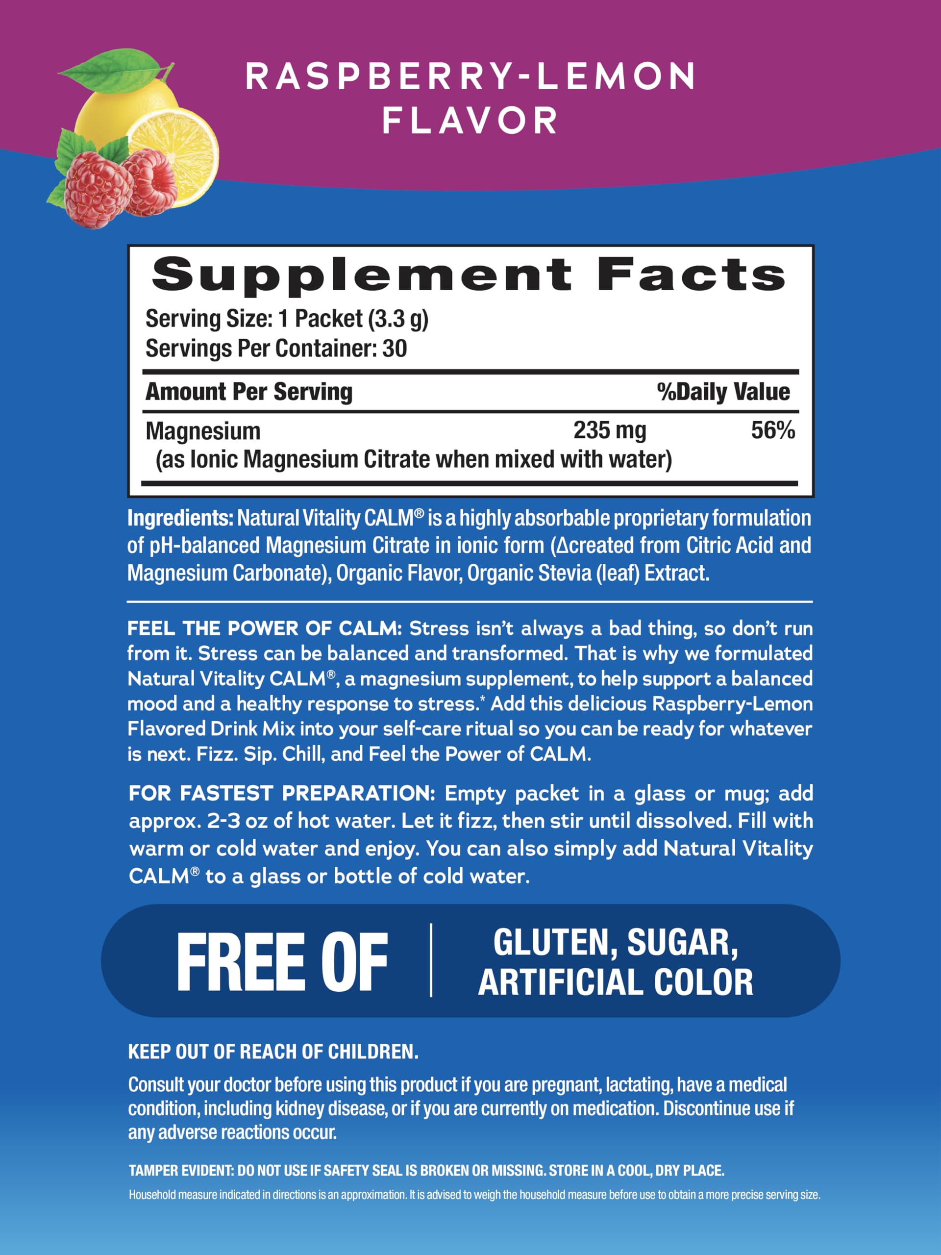 Natural Vitality CALM Magnesium Citrate Drink Mix – Raspberry Lemon, 30 Packets