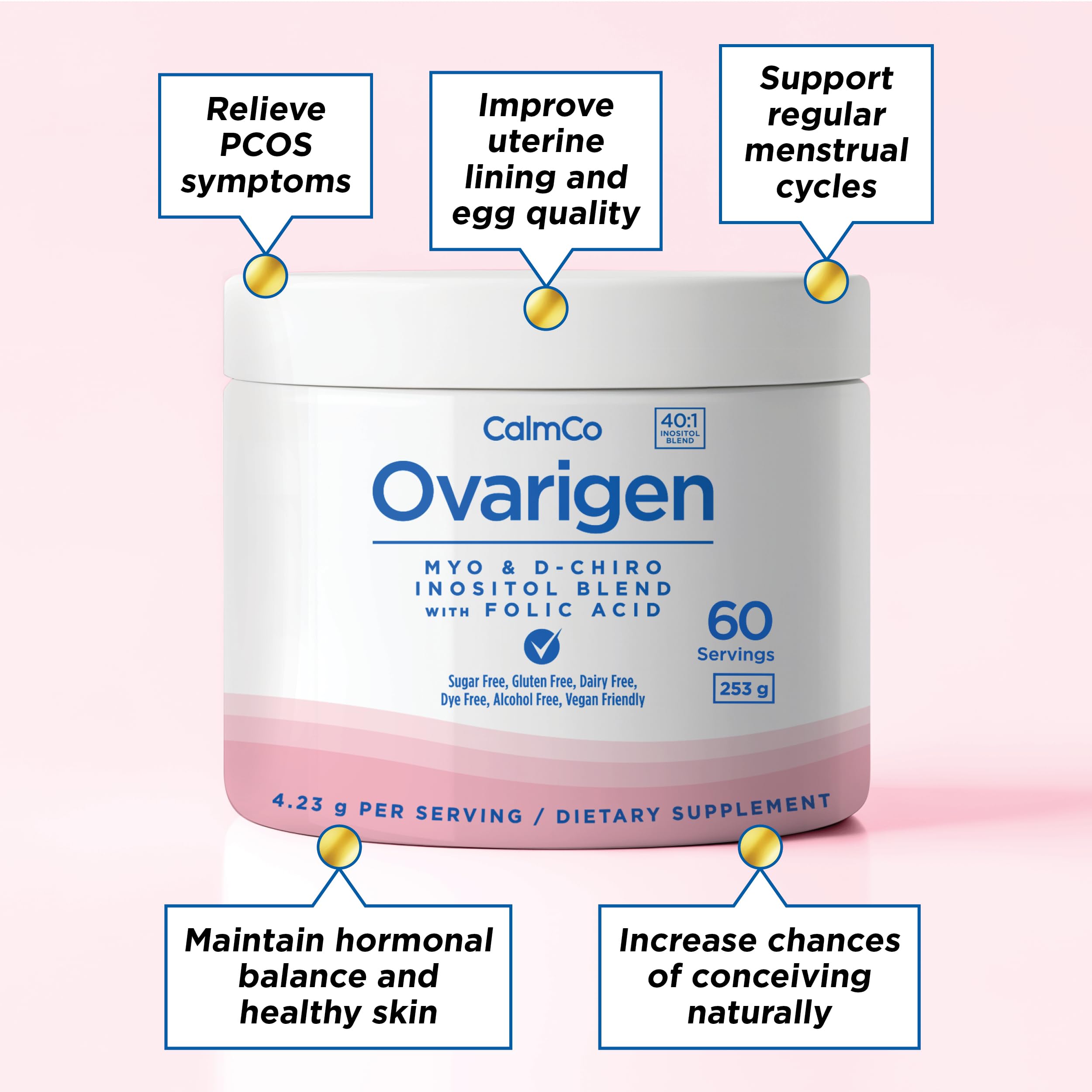 CalmCo Ovarigen Myo & D-Chiro Inositol Blend Powder 40:1 – 60 Servings for PCOS Support & Hormone Balance