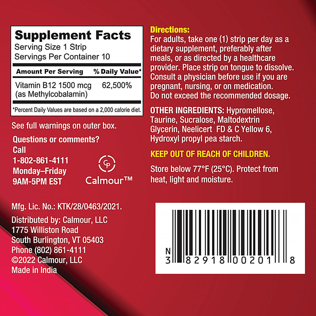 CALMOUR Vitamin B12 Strips 10 Pack – 1500 mcg, Mint, Vegan & Gluten Free