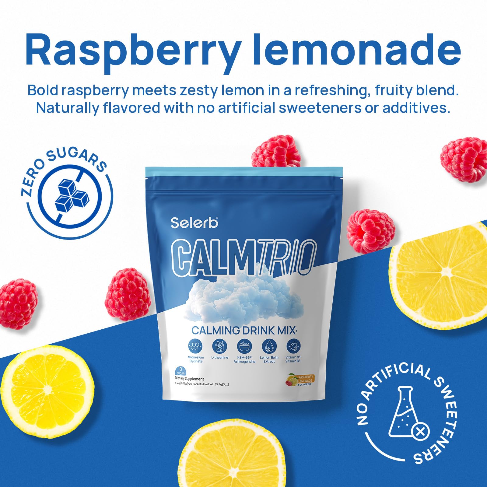CalmTrio Magnesium Glycinate Powder – No Sugar, Cortisol Balance, Raspberry Lemon 20 Ct