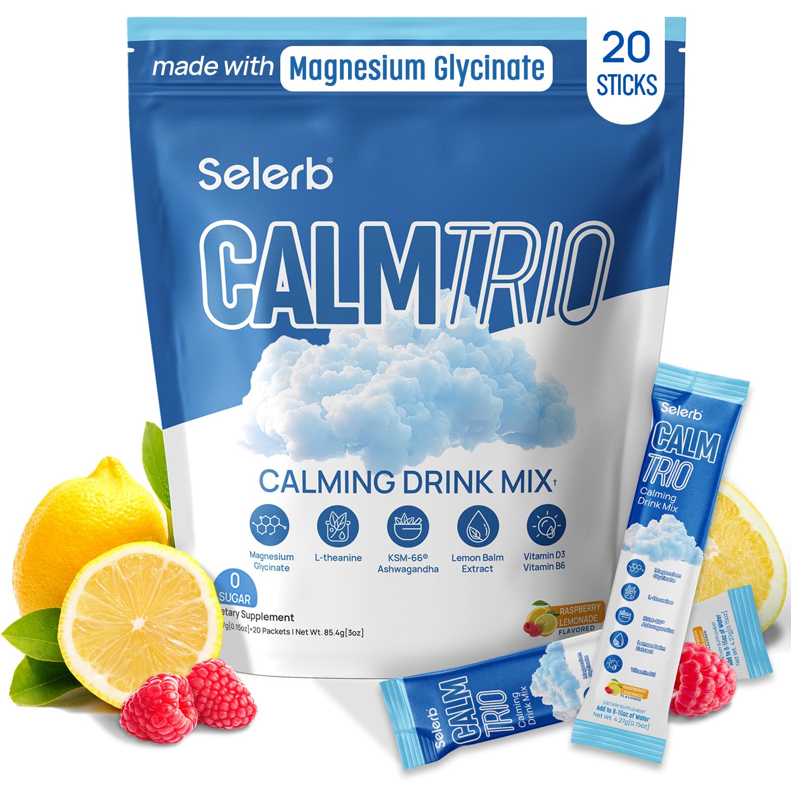 CalmTrio Magnesium Glycinate Powder – No Sugar, Cortisol Balance, Raspberry Lemon 20 Ct