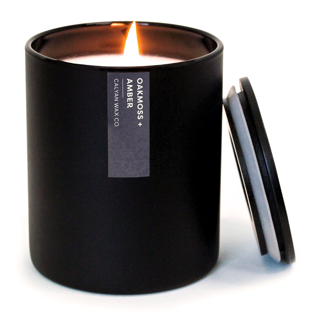 Calyan Wax Co. Oakmoss & Amber Candle – 75 Hour Burn | Non-Toxic Soy | Black Tumbler Jar | 10.2oz