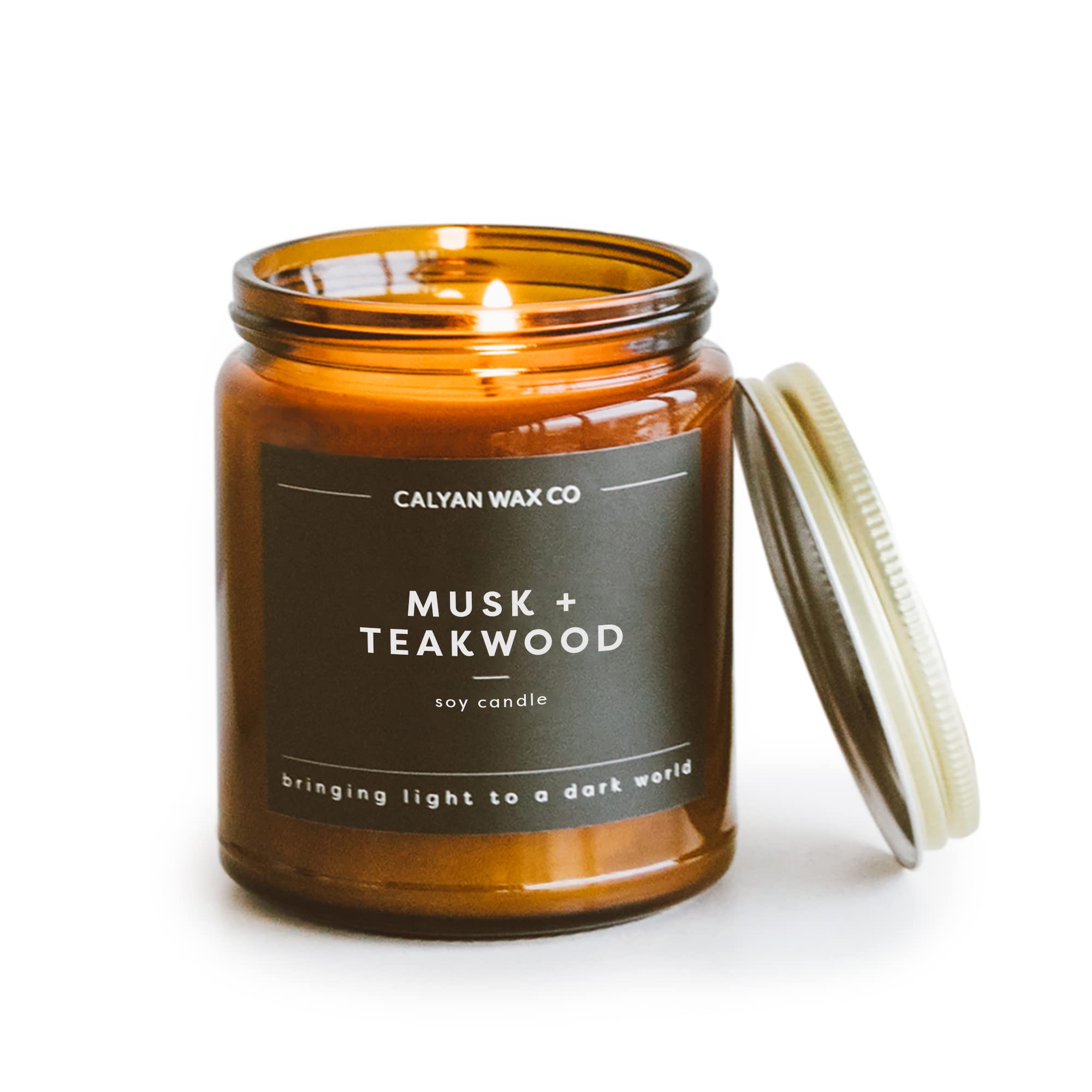 Calyan Wax Co. Musk & Teakwood Candle | 57-Hour Burn, Non-Toxic Soy, Amber Glass Jar 7.2oz
