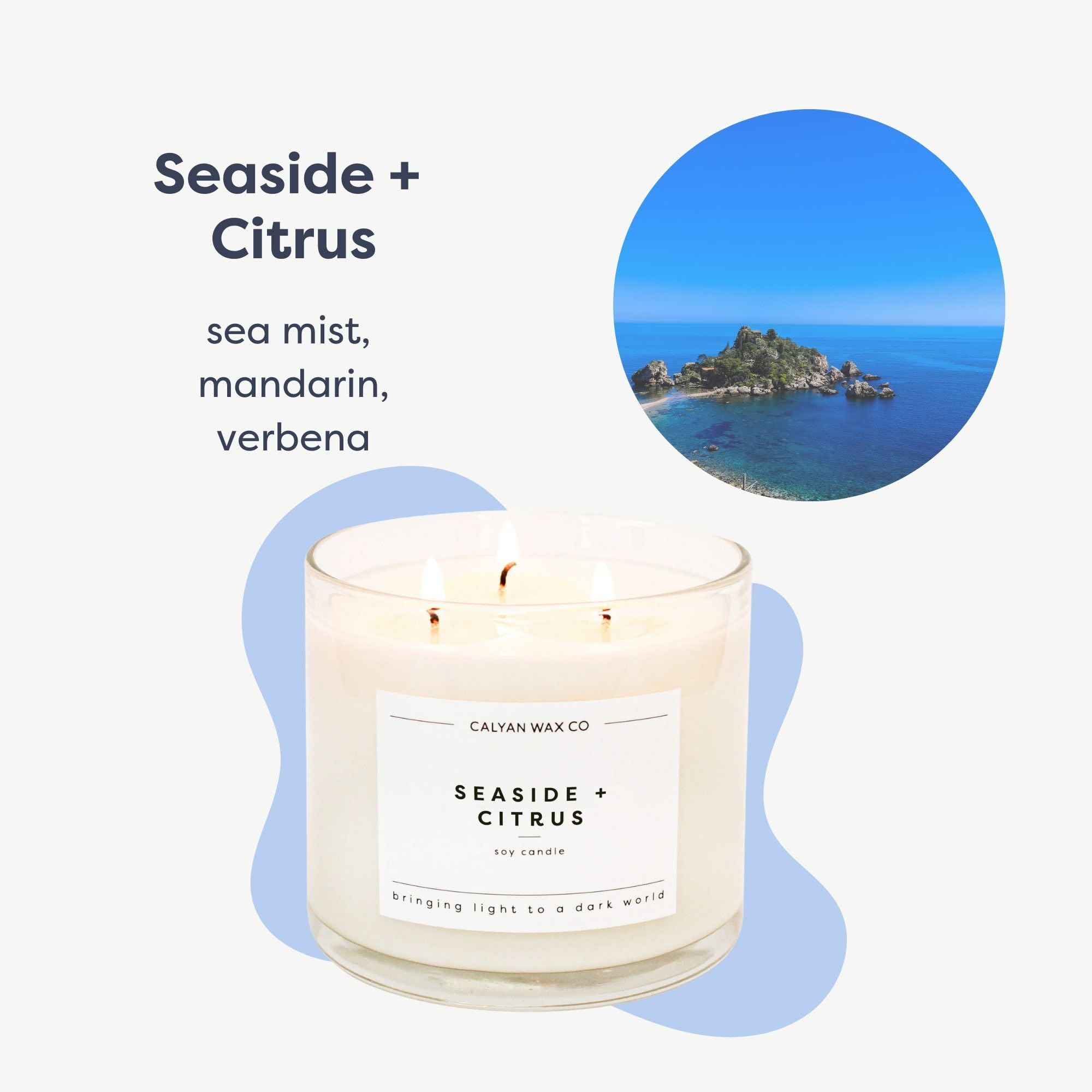 Calyan Wax Co. Seaside & Citrus 3 Wick Soy Candle – 14.9oz, 43-Hour Burn