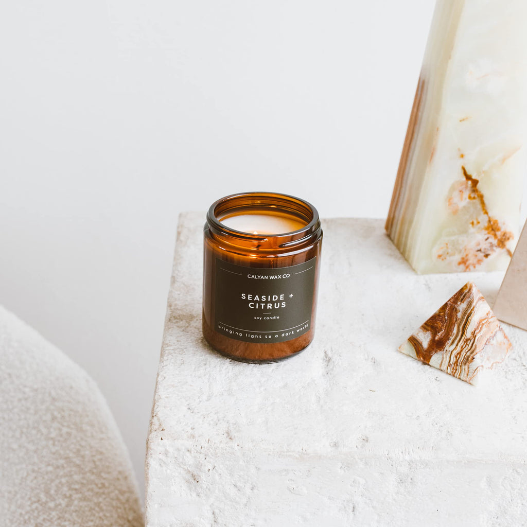 Calyan Wax Co. Seaside & Citrus Candle – 57-Hour Non-Toxic Soy, Amber Jar 7.2oz