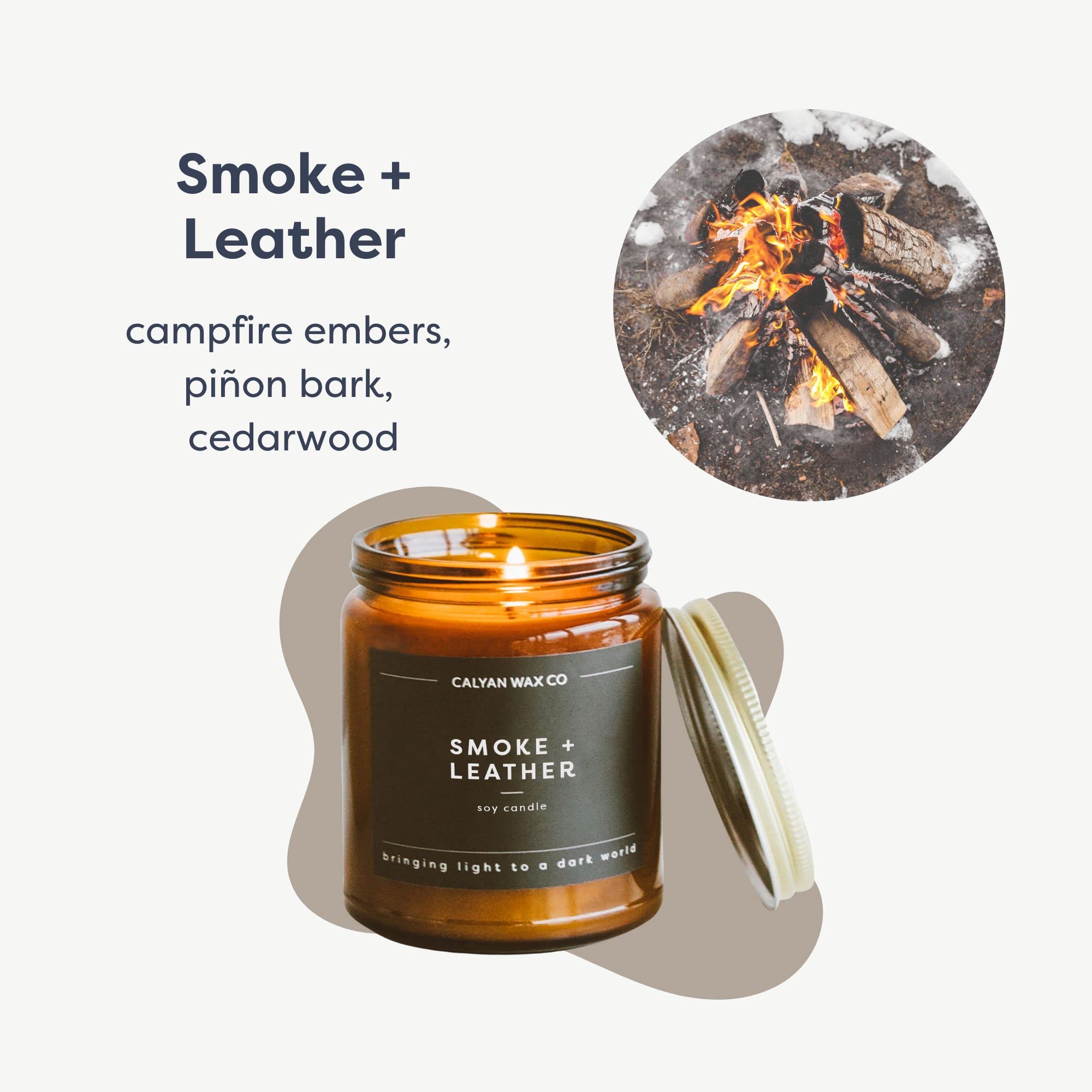 Calyan Wax Co. Smoke & Leather Candle — 57-Hour Soy, Amber Jar