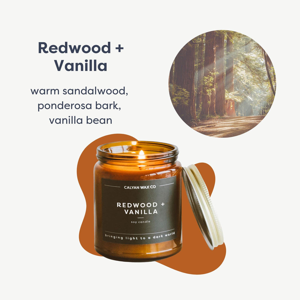 Calyan Wax Co. Redwood & Vanilla Soy Candle – 57 Hr Burn | 7.2oz Amber Jar