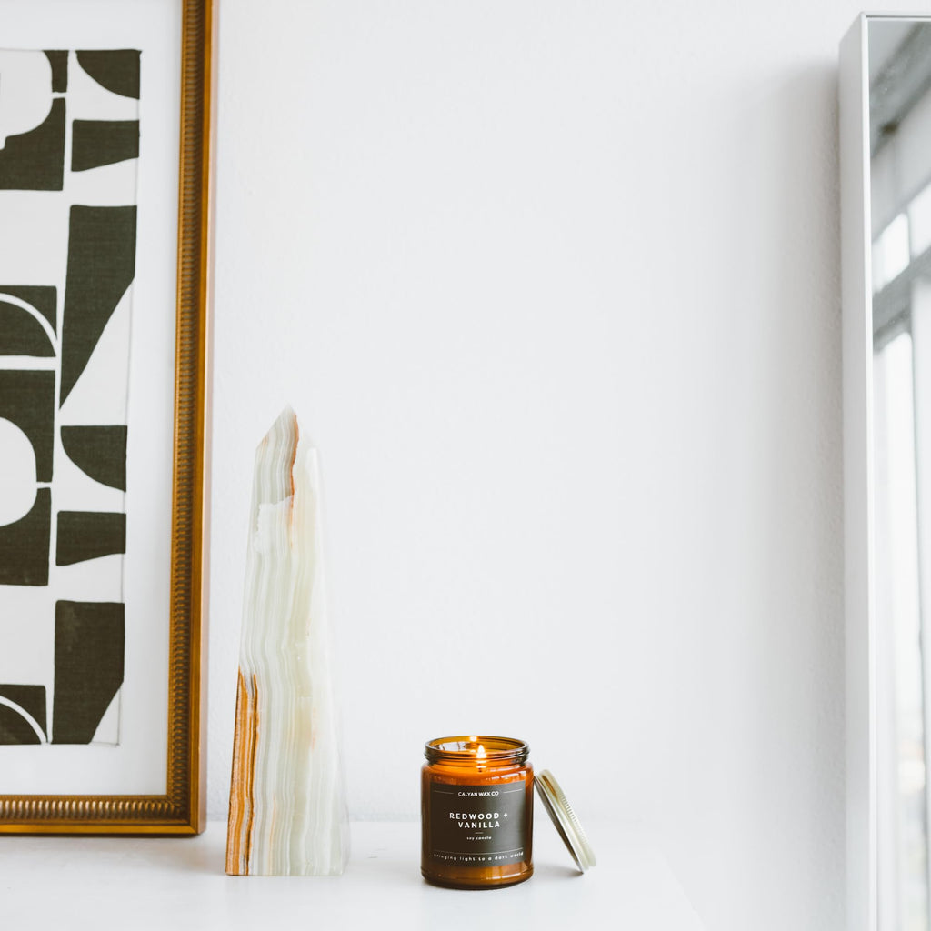 Calyan Wax Co. Redwood & Vanilla Soy Candle – 57 Hr Burn | 7.2oz Amber Jar