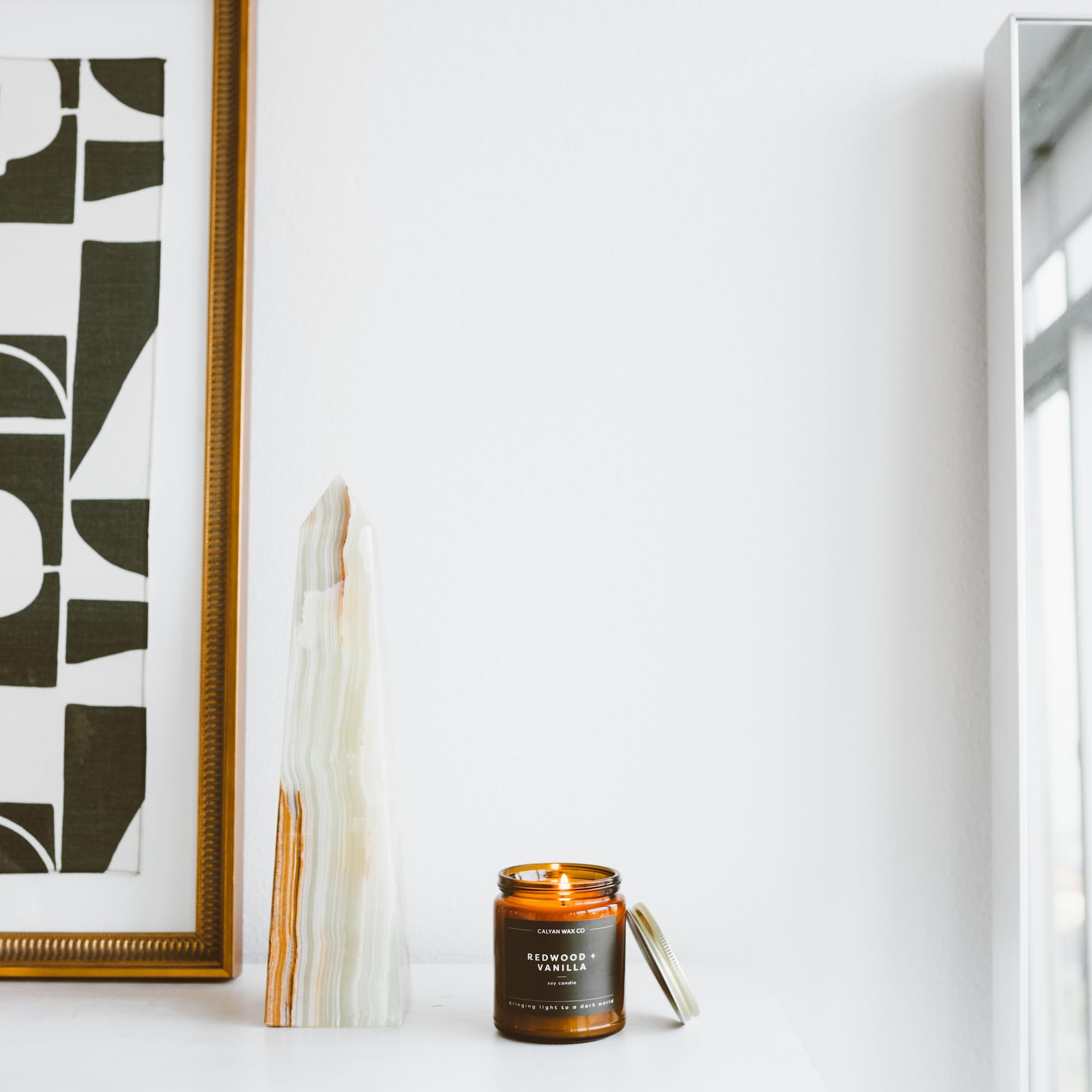 Calyan Wax Co. Redwood & Vanilla Soy Candle – 57 Hr Burn | 7.2oz Amber Jar
