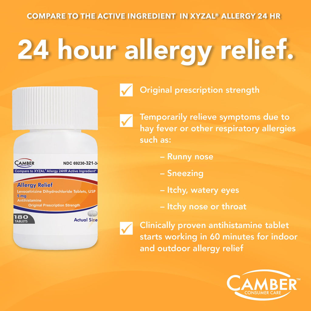 Camber Consumer Care Levocetirizine Dihydrochloride 5mg Tablets – All-Day Allergy Relief (180 Count)