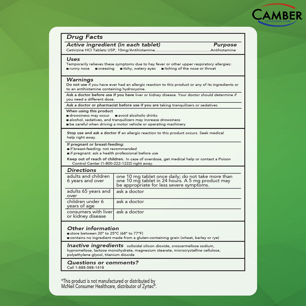 CAMBER PHARMACEUTICALS Cetirizine HCI 10mg – 24-Hour Allergy Relief (500 Count)