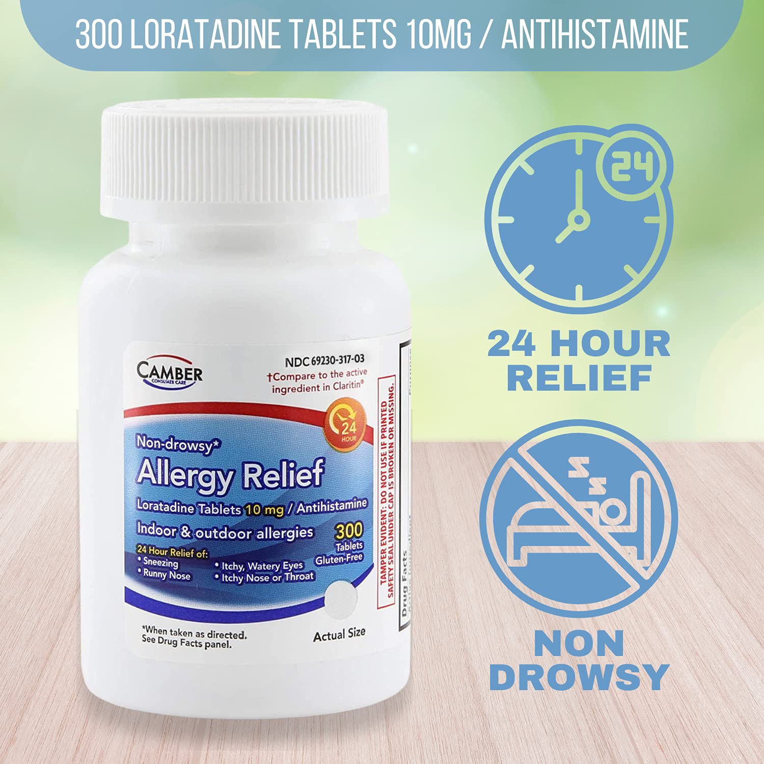 Camber Loratadine 10mg Allergy Pills - 24 Hour Non-Drowsy Relief (300 Tablets)