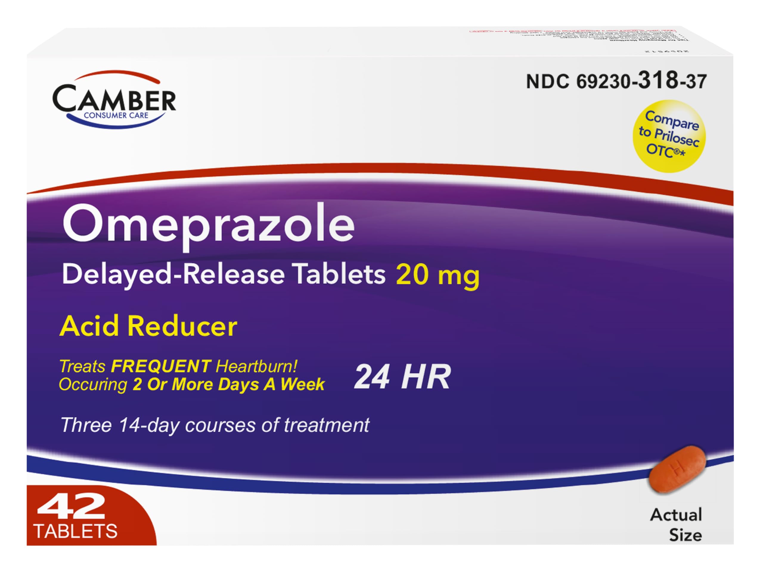 Camber Omeprazole 20mg Delayed-Release Tablets | Heartburn & Acid Reflux Relief (42 Count)