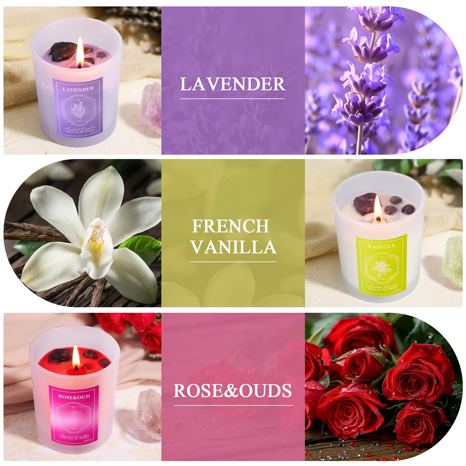 3 Soy Scented Candles for Women – 15 oz Set with Crystals (Lavender/Vanilla/Rose) Aromatherapy
