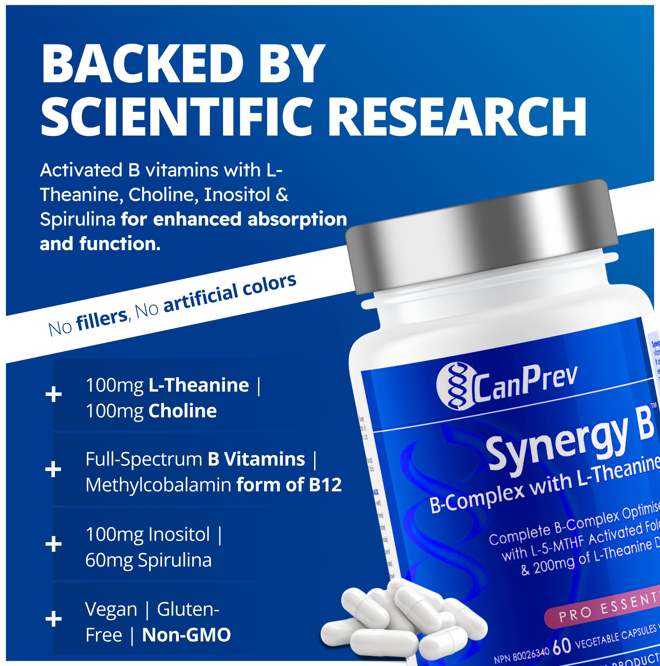 CanPrev Synergy B Complex with L-Theanine – 60 Capsules, 30-Day Supply