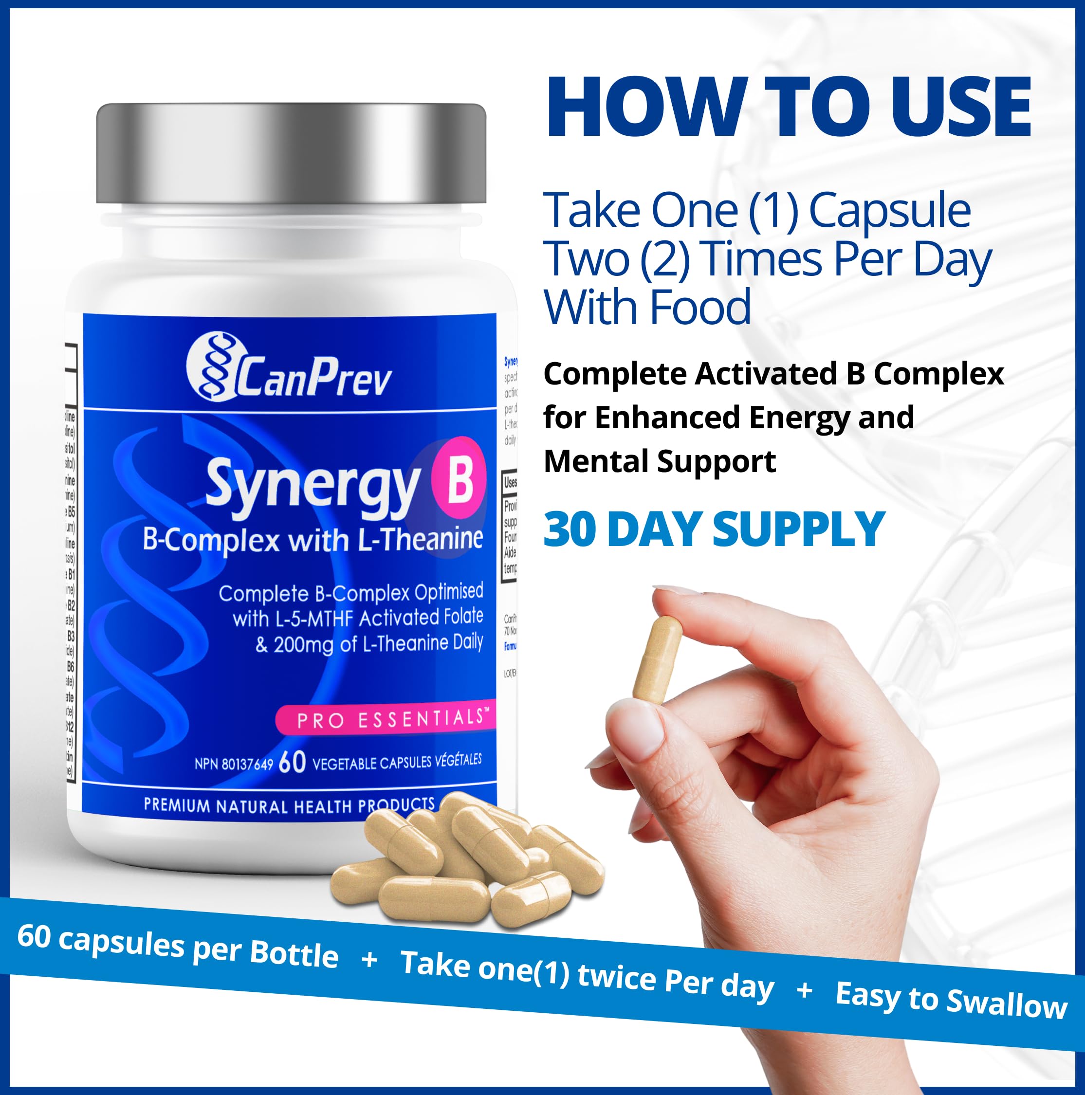 CanPrev Synergy B Complex with L-Theanine – 60 Capsules, 30-Day Supply