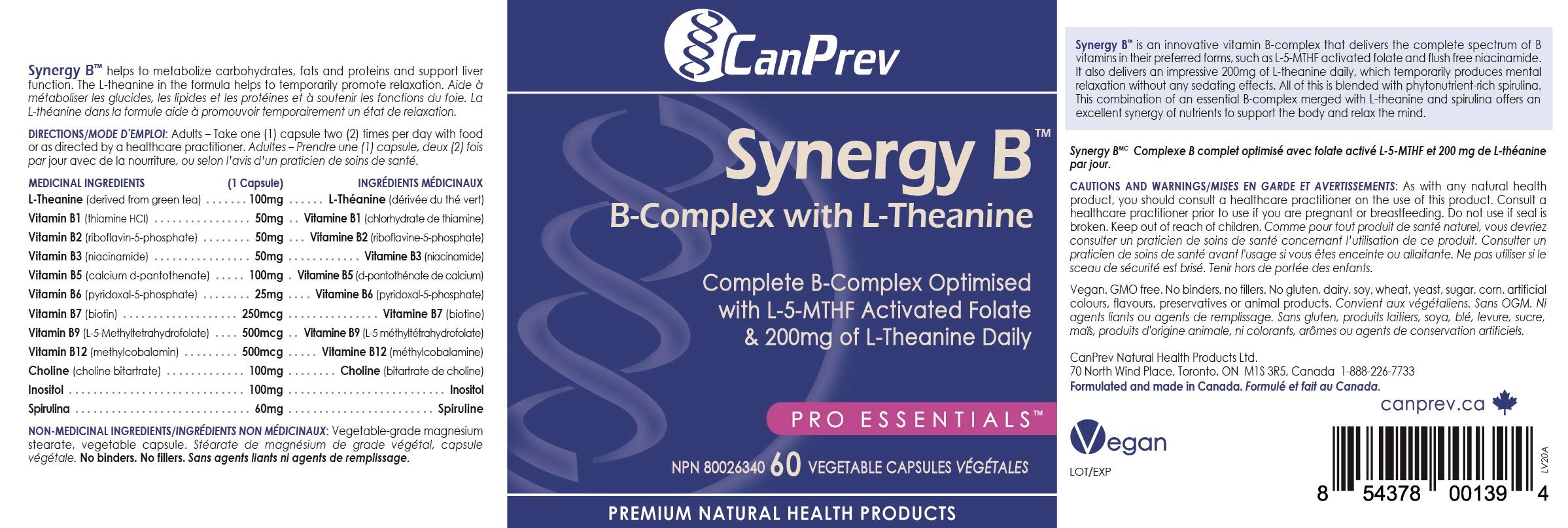 CanPrev Synergy B Complex with L-Theanine – 60 Capsules, 30-Day Supply