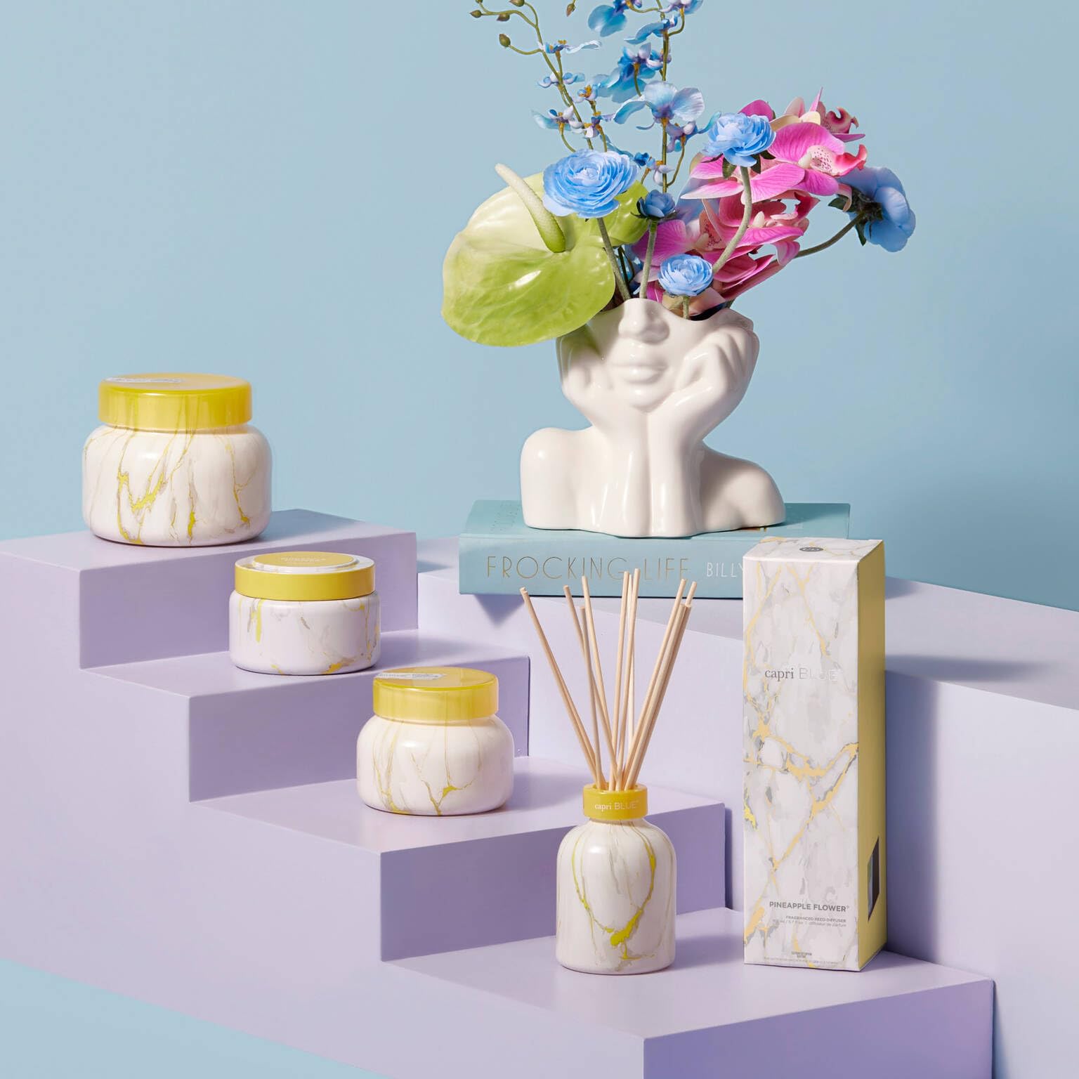 Capri Blue Modern Marble Reed Diffuser Set – Pineapple Flower 5.7 oz | Luxury Home Fragrance