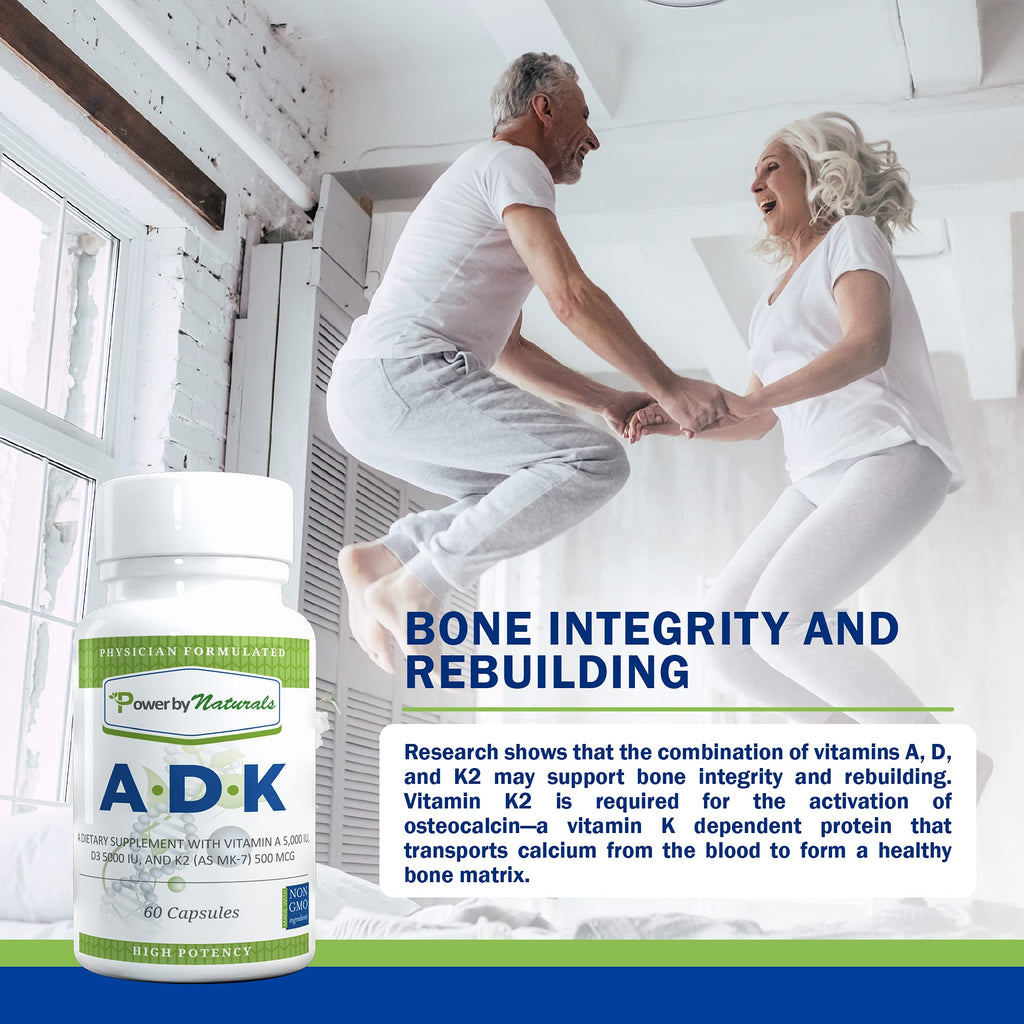 Power By Naturals ADK Vitamin Supplement: Vitamin A, D3 5000 IU, and Vitamin K2 MK-7 for Bone Health | Pack of 2 (60 Capsules Each)